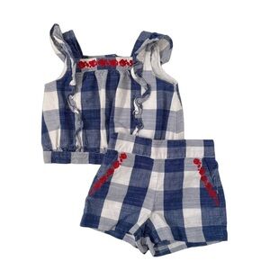 Janie and Jack 2 Piece Floral Top and Shorts Checkered Set, Blue White 6-12 mo